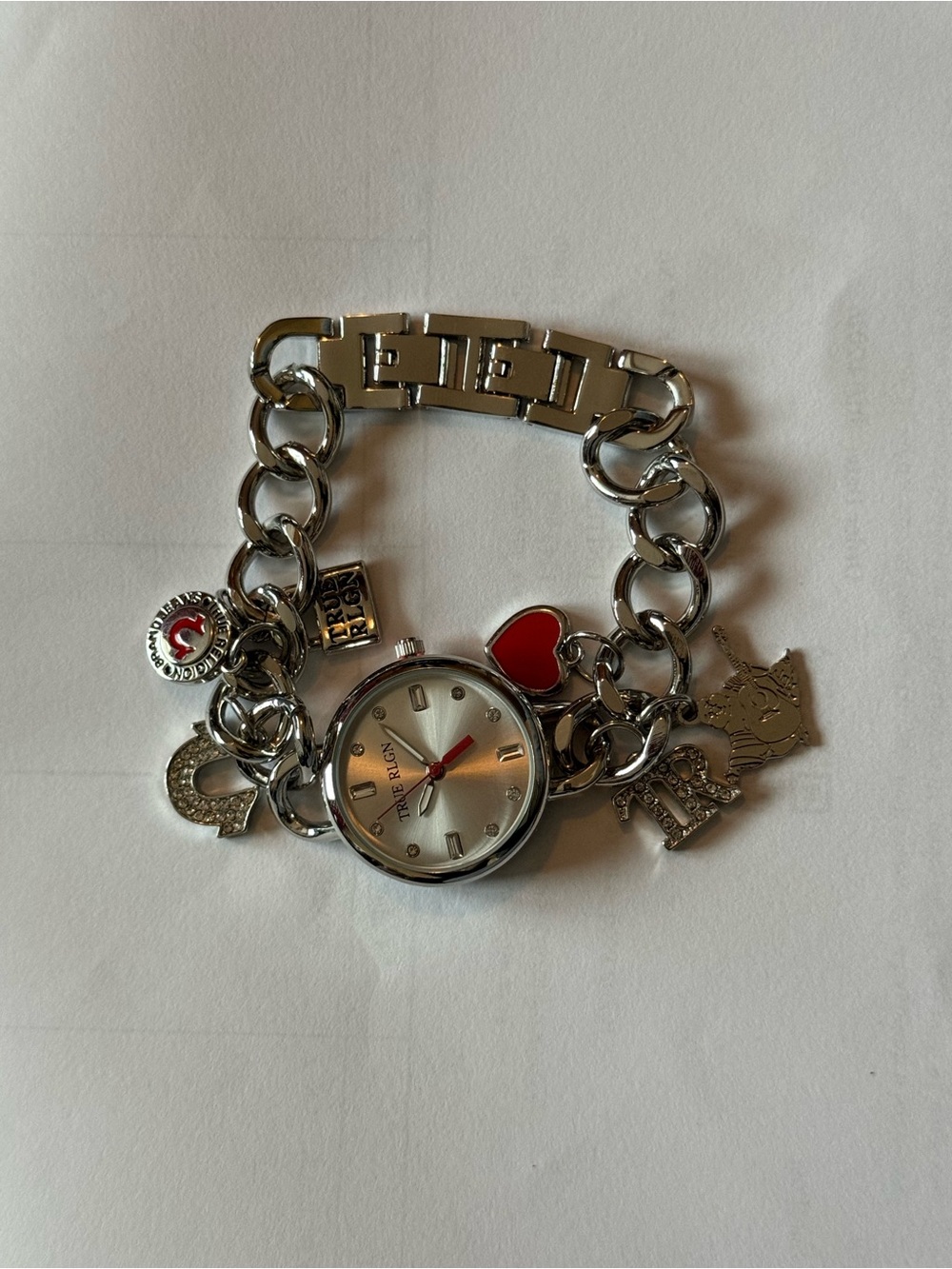 True Religion Silver Charm Bracelet Watch with Red Heart Accent